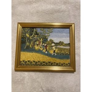 Crewel Framed Asian Art/Rice Harvest